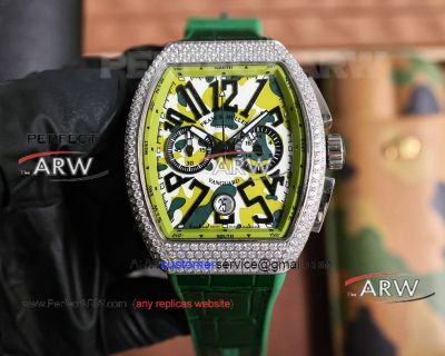 Best replica Franck Muller diamond case green leather strap quartz watch 